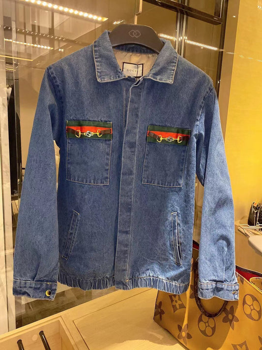 Gucci Oversized Embellished Webbing-Trimmed Denim Jacket