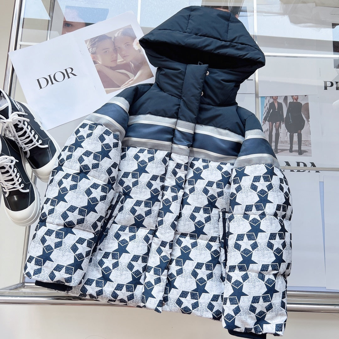 Dior hooded down jacket in navy blue with a star