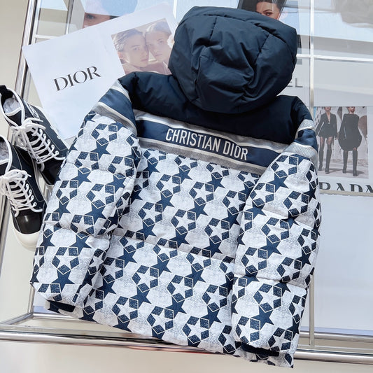 Dior hooded down jacket in navy blue with a star