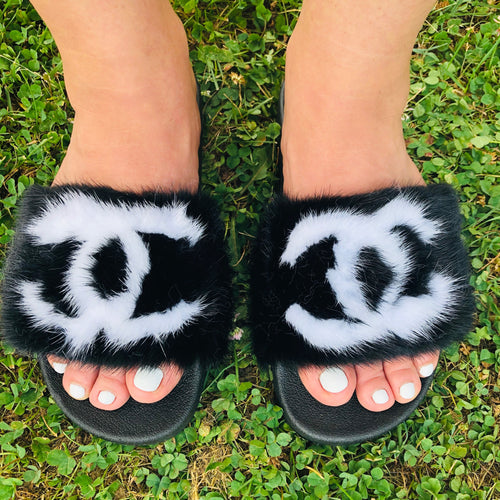Black and white custom slippers
